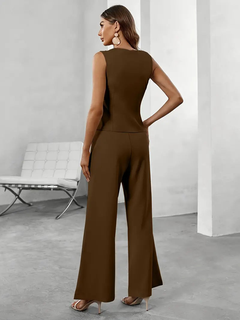 Women's Sleeveless Blazer and Wide Leg Pants Set