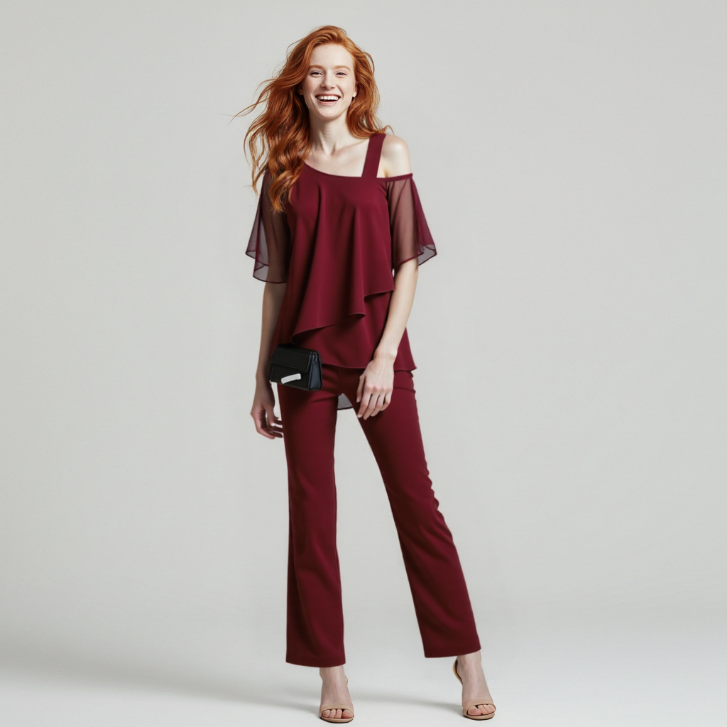Women's Cold Shoulder Pantsuit Set – Elegant Two-Piece