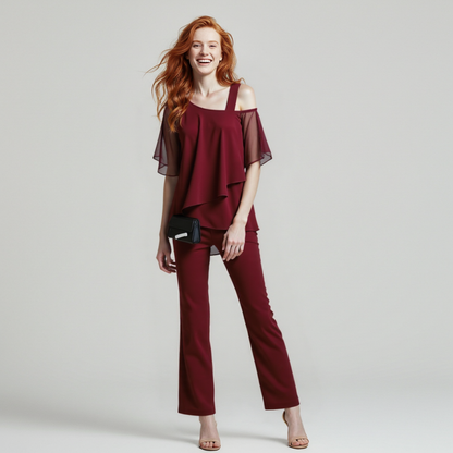 Women's Cold Shoulder Pantsuit Set – Elegant Two-Piece